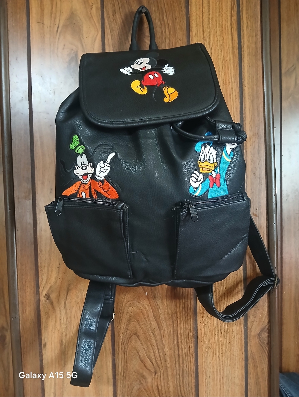 Disney Black Faux-Leather Backpack with Mickey, Goofy & Donald Embroidery